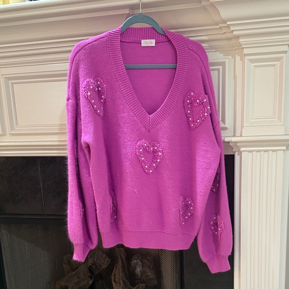 Pink Lily Purple V-Neck Sweater with Heart Embellishments